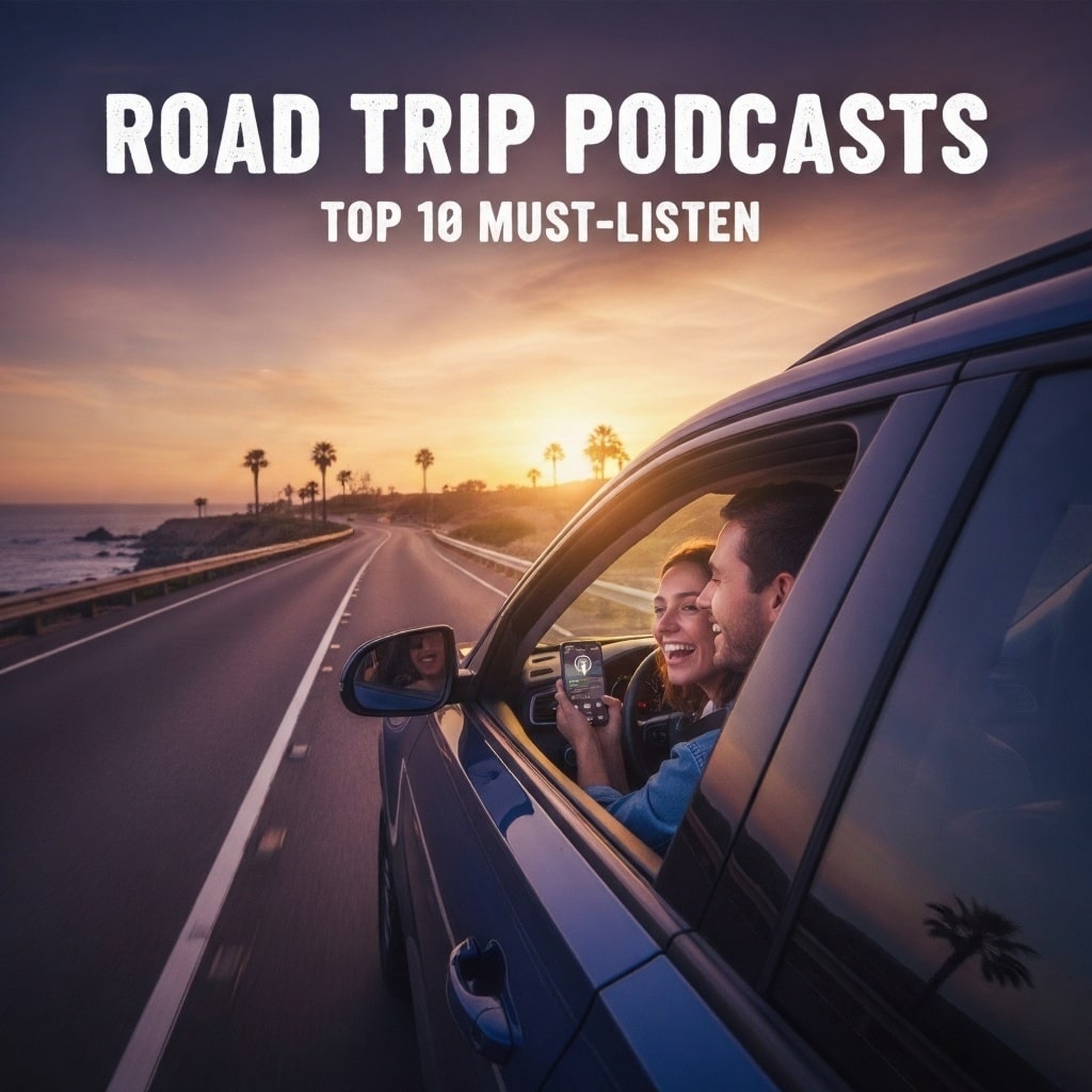 Happy couple driving a car along a scenic coastal highway at sunset, listening to podcasts on a smartphoneHappy couple driving a car along a scenic coastal highway at sunset, listening to podcasts on a smartphone