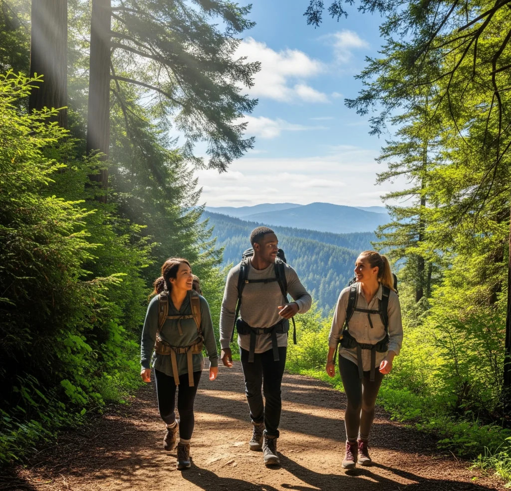Hikers enjoying a free scenic trail in a West Coast state park, a great budget activity.
