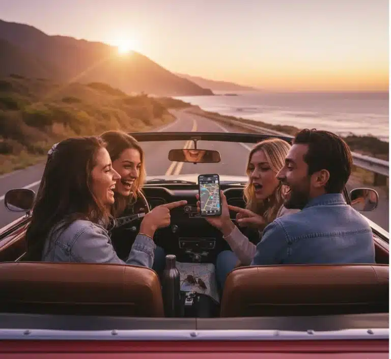 Four happy friends in a convertible car, one pointing at a navigation app on a smartphone, enjoying a scenic coastal road trip at sunset.