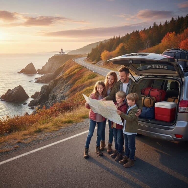 A family smiling and planning their route for a family-friendly East Coast road trip.