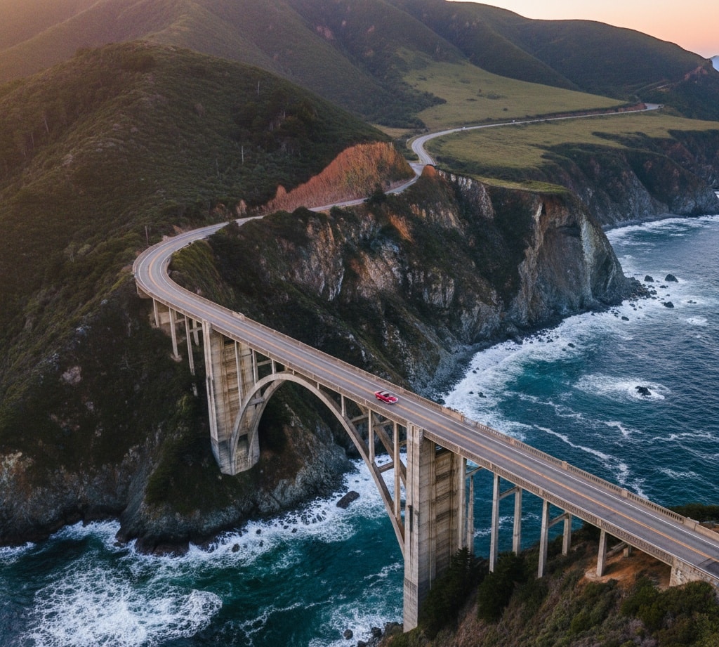 A car driving on the dramatic Big Sur coastline, a key part of any Pacific Coast Highway road trip.