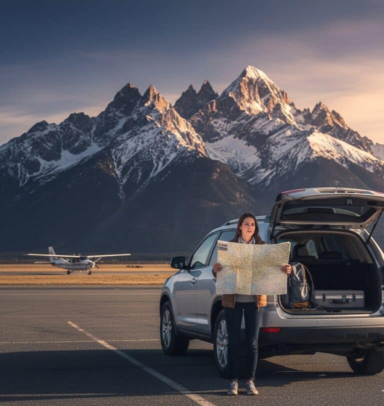A traveler ready to start a fly-drive vacation with a rental car and a map.