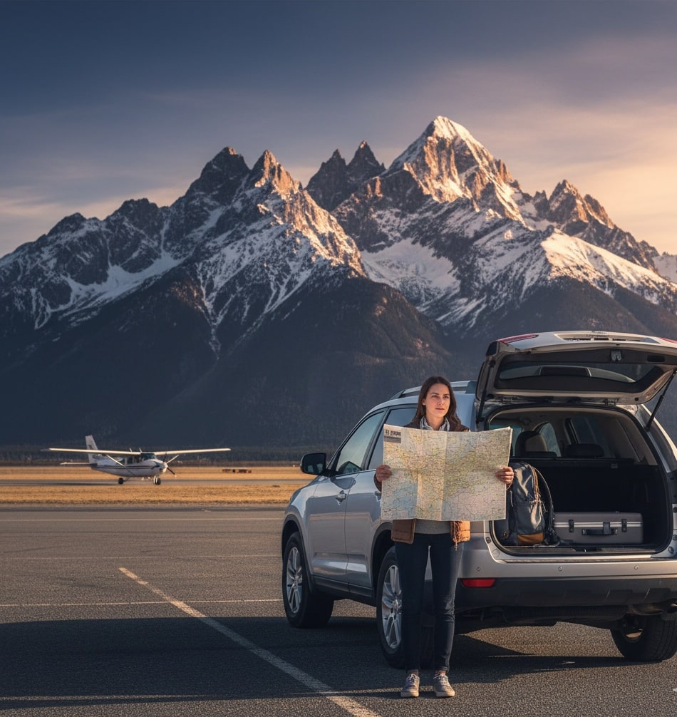 A traveler ready to start a fly-drive vacation with a rental car and a map.