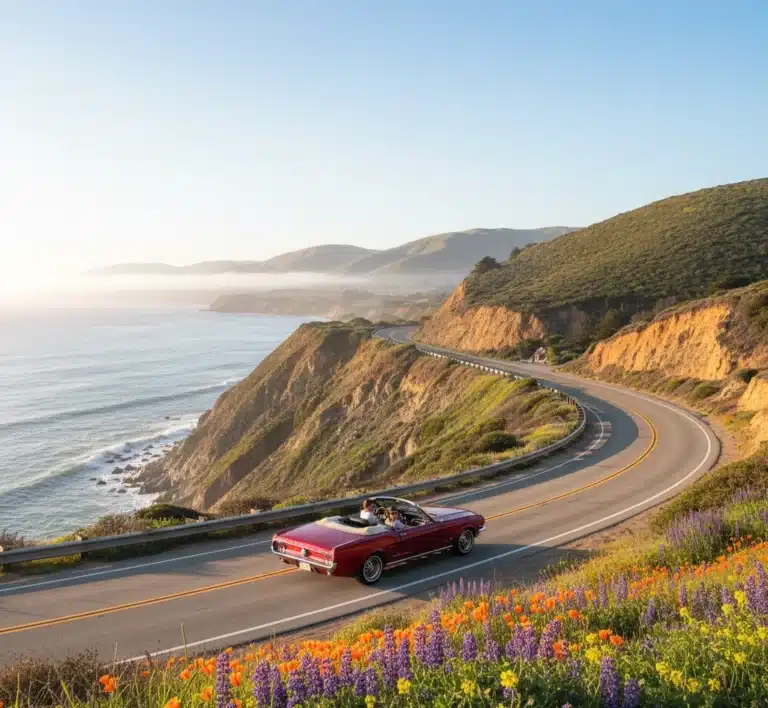 A vintage red convertible drives along the winding Pacific Coast Highway at sunset, with rolling green hills, a misty ocean, and vibrant wildflowers in the foreground.