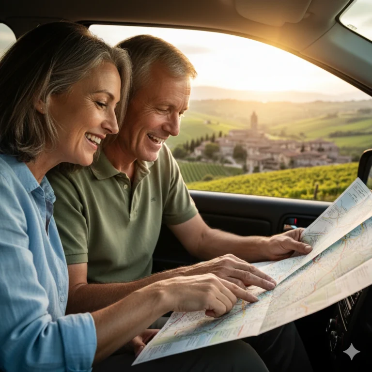 A senior couple planning their independent road trip, inspired by Rick Steves' approach to comfortable and authentic travel.