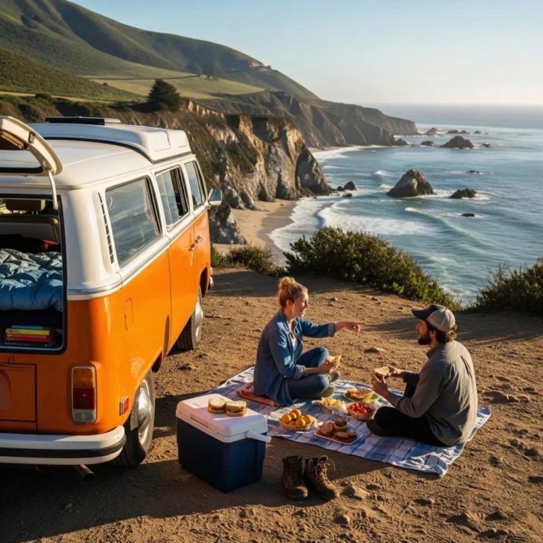 A budget-friendly campervan parked at a scenic viewpoint on a West Coast road trip, enjoying the view and a picnic.