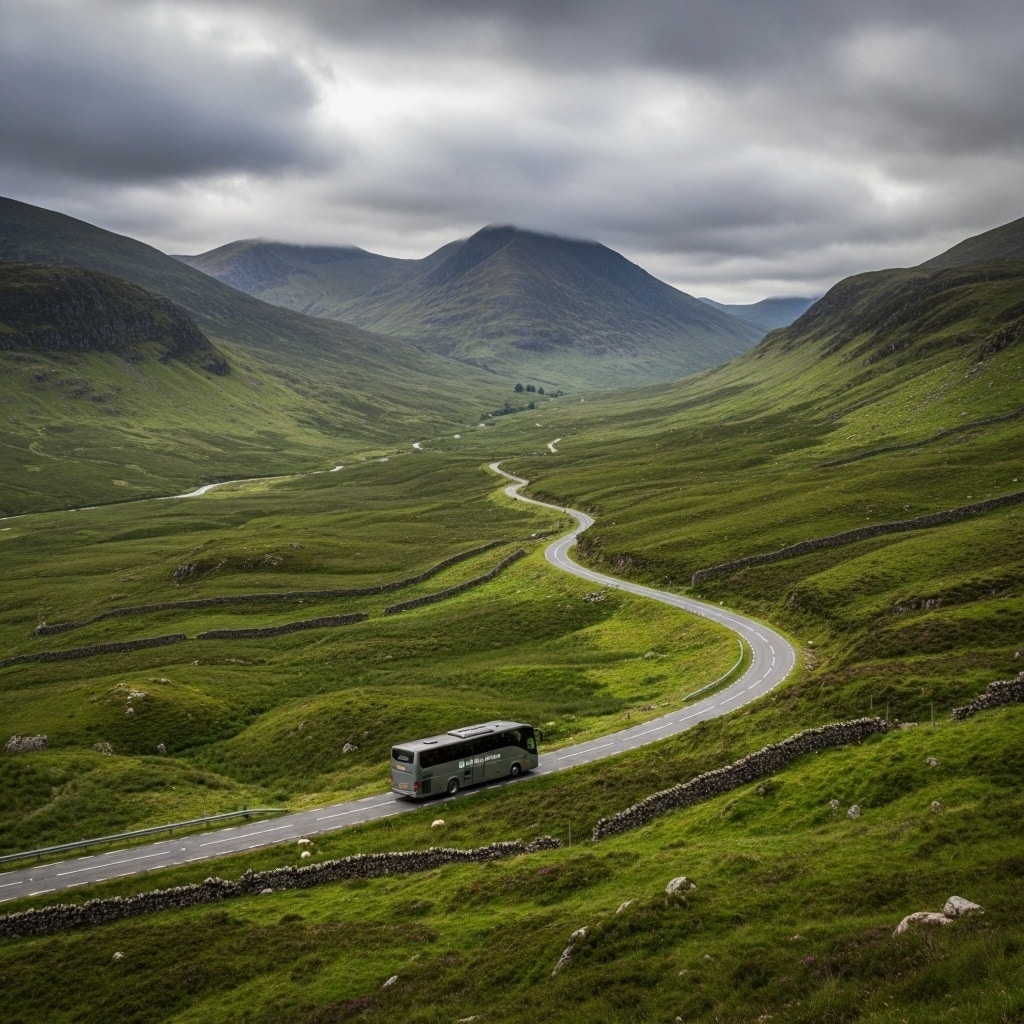 A beautiful view of the Scottish Highlands, showing green hills and a road, perfect for a road trip.