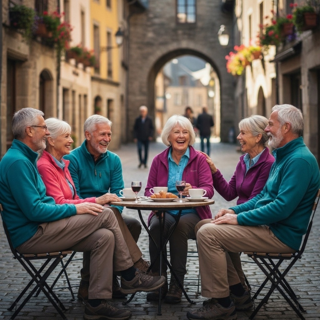 A group of older adults sitting together at a cafe in Europe, chatting and laughing.