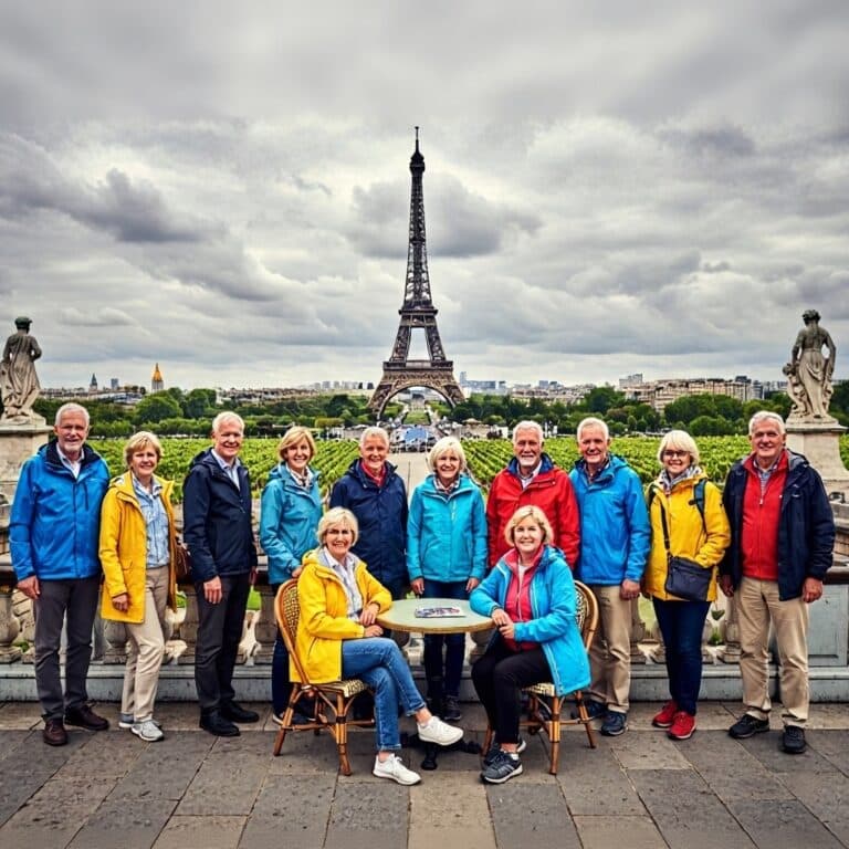 A group of happy seniors on a Rick Steves tour in Paris, France, with the Eiffel Tower in the background
