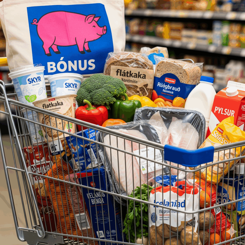 Shopping for groceries at a Bónus supermarket, a key tip for saving money on an Iceland road trip.