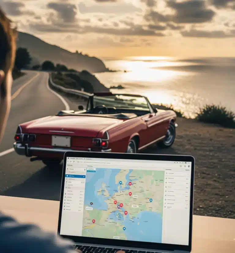 A person planning a road trip using Google Flights on a laptop, with a map showing cheap flight options, ready for an adventure.