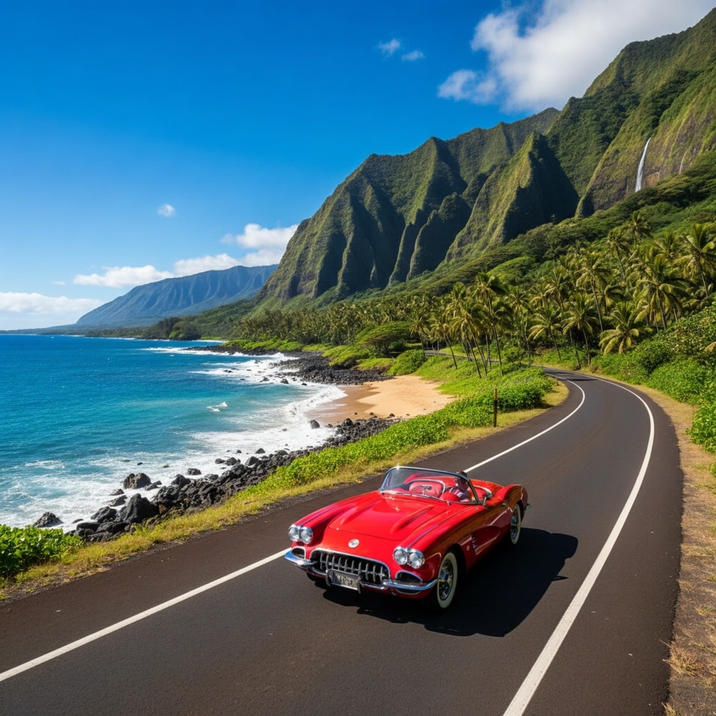 A car on a scenic coastal drive, showcasing the perfect Hawaii road trip adventure.