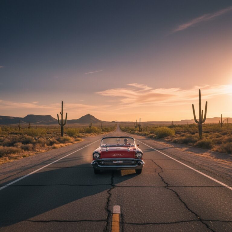 A vintage car driving on a long, straight section of Route 66 in the Arizona desert at sunset