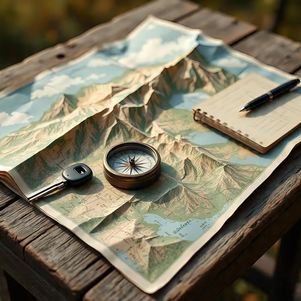 A map and compass on a wooden table used for planning a road trip itinerary.