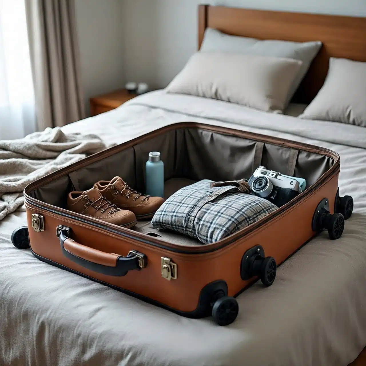 An open suitcase being packed with essential travel gear for a road trip.