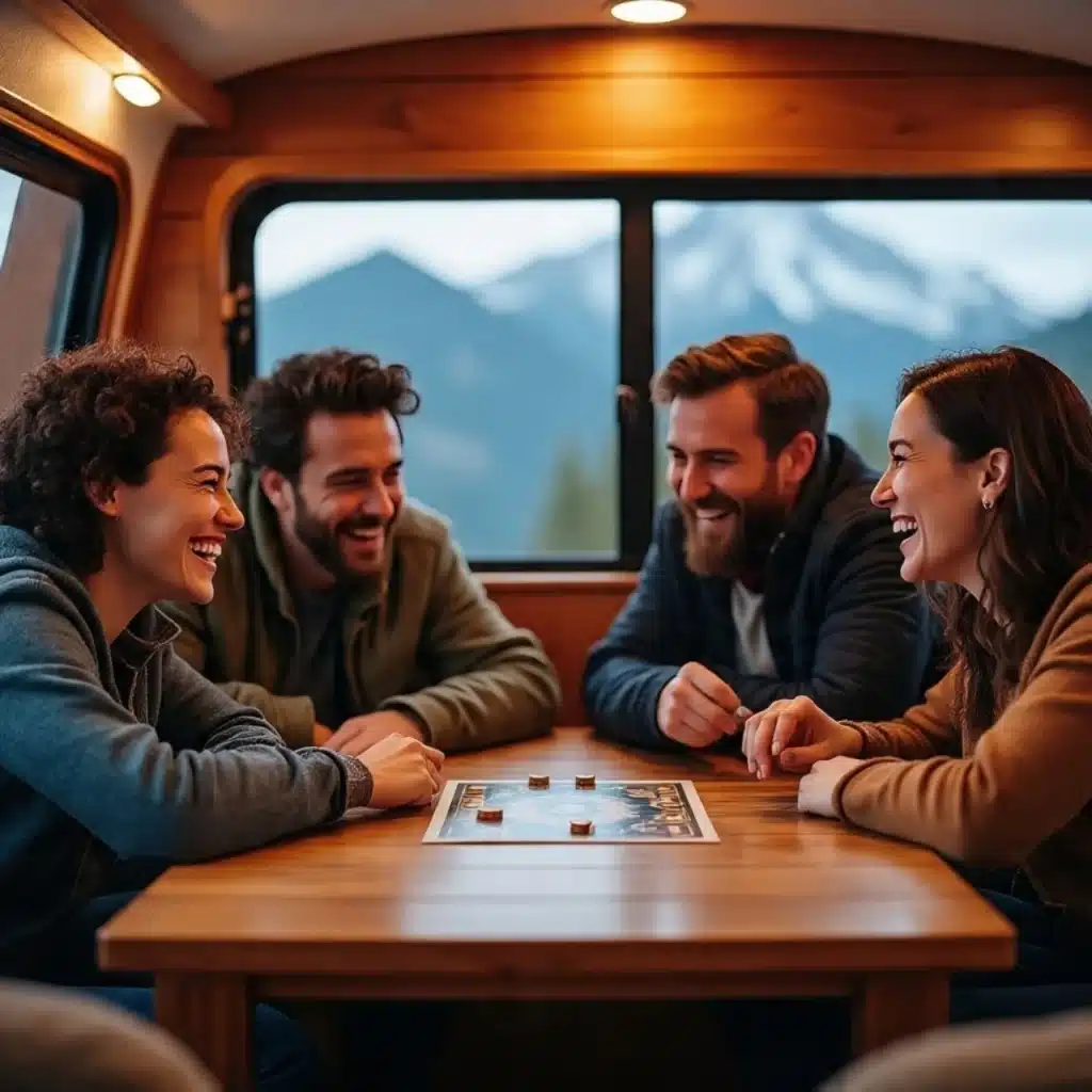 A group of friends laughing inside a camper van with a mountain view outside the window.