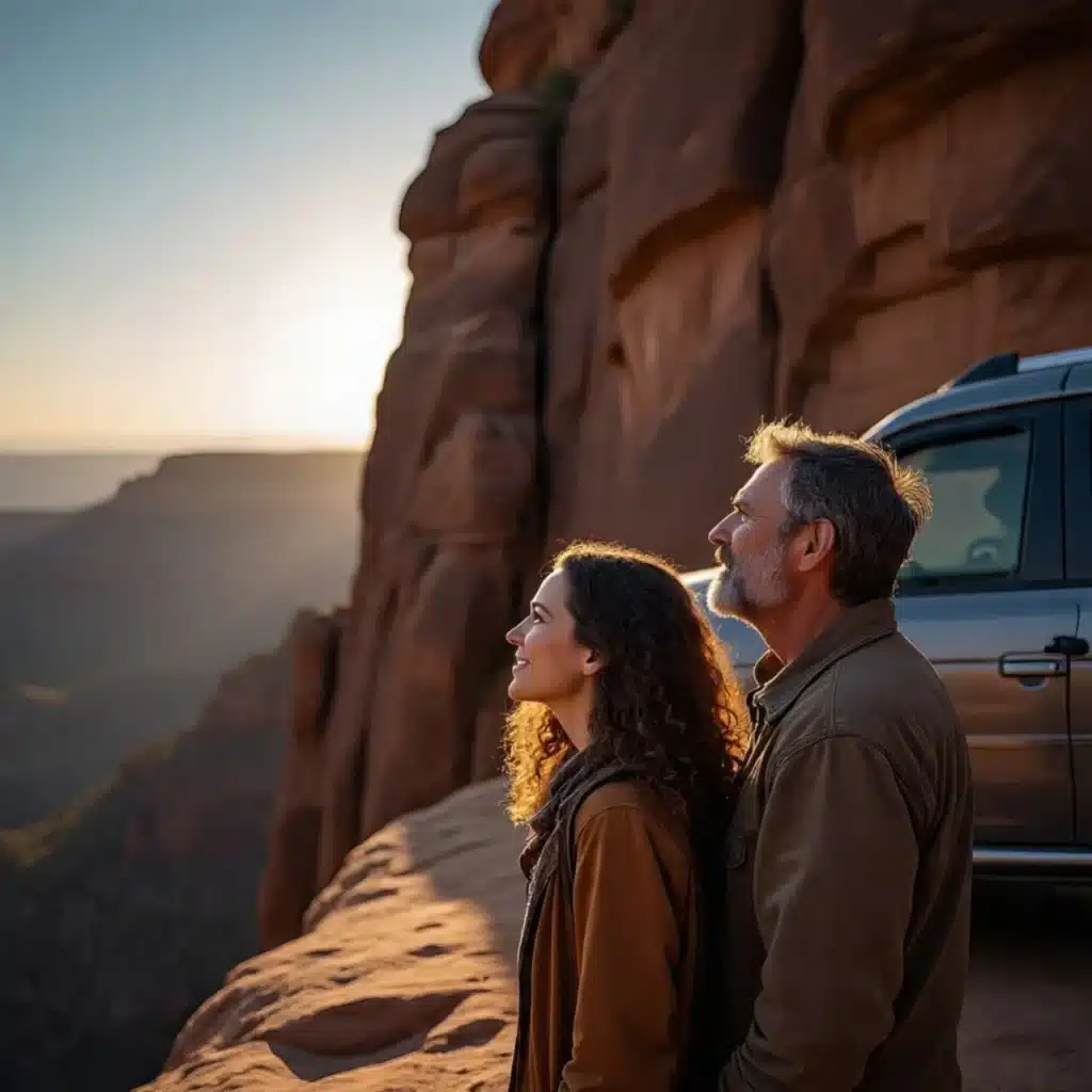 Couple enjoying the sunset view from a canyon overlook on an epic road trip adventure.